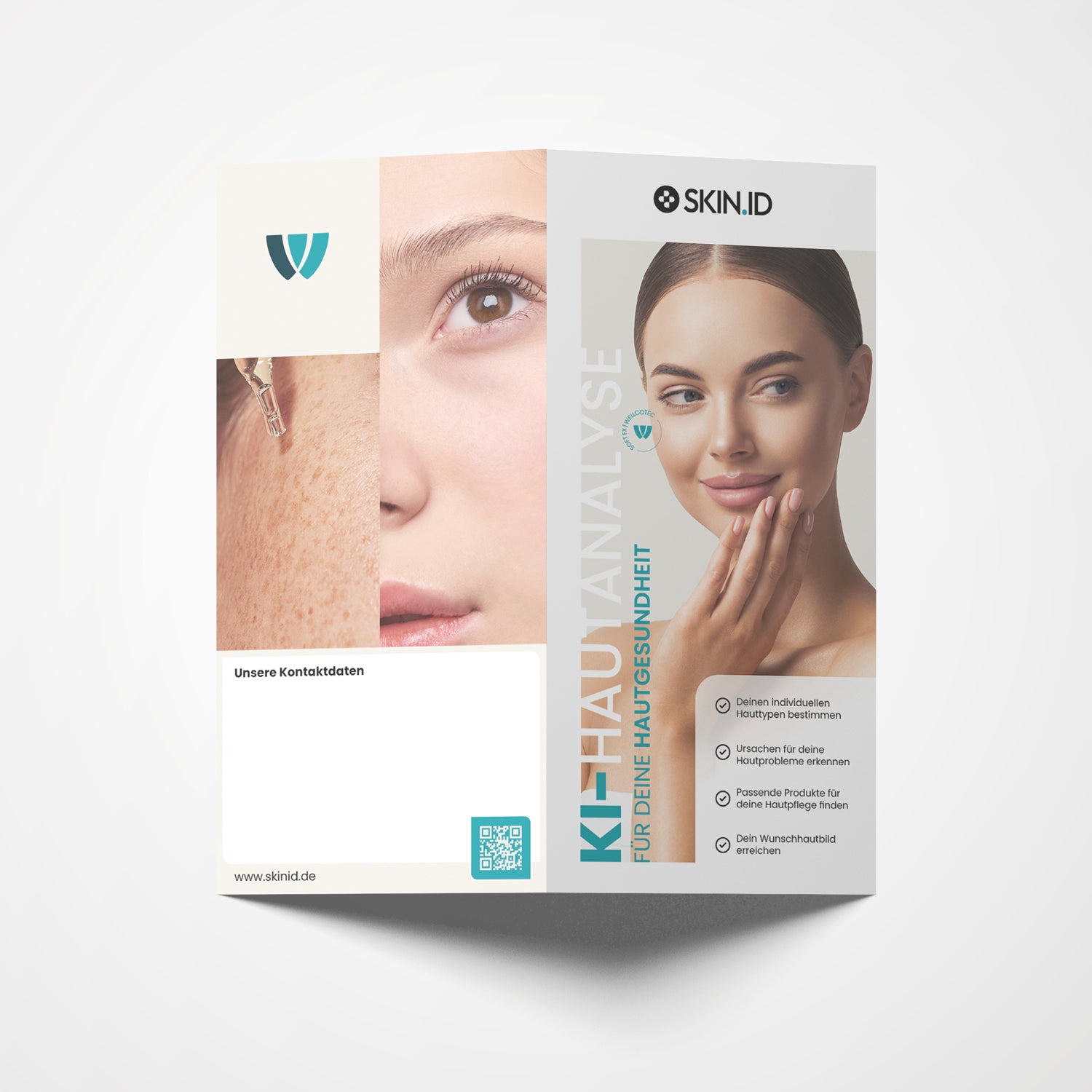 4-seitige Kundenflyer mit Stempelfeld (DIN lang) - passend zum Hautanalysegerät SOFT FX - SKIN.ID Technologies by WELLCOTEC